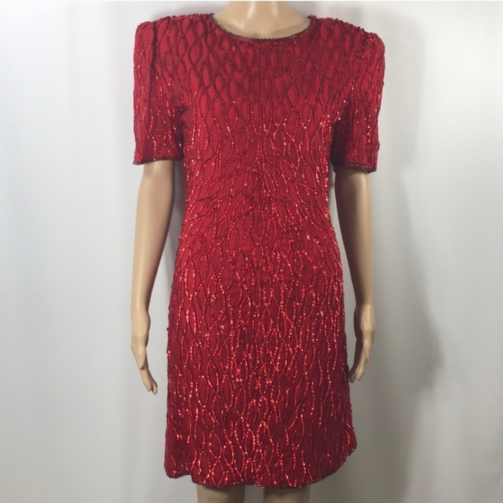 VTG Mark & John By SAM 80s Red Sequin Silk Cocktail Dress Knee Length Medium